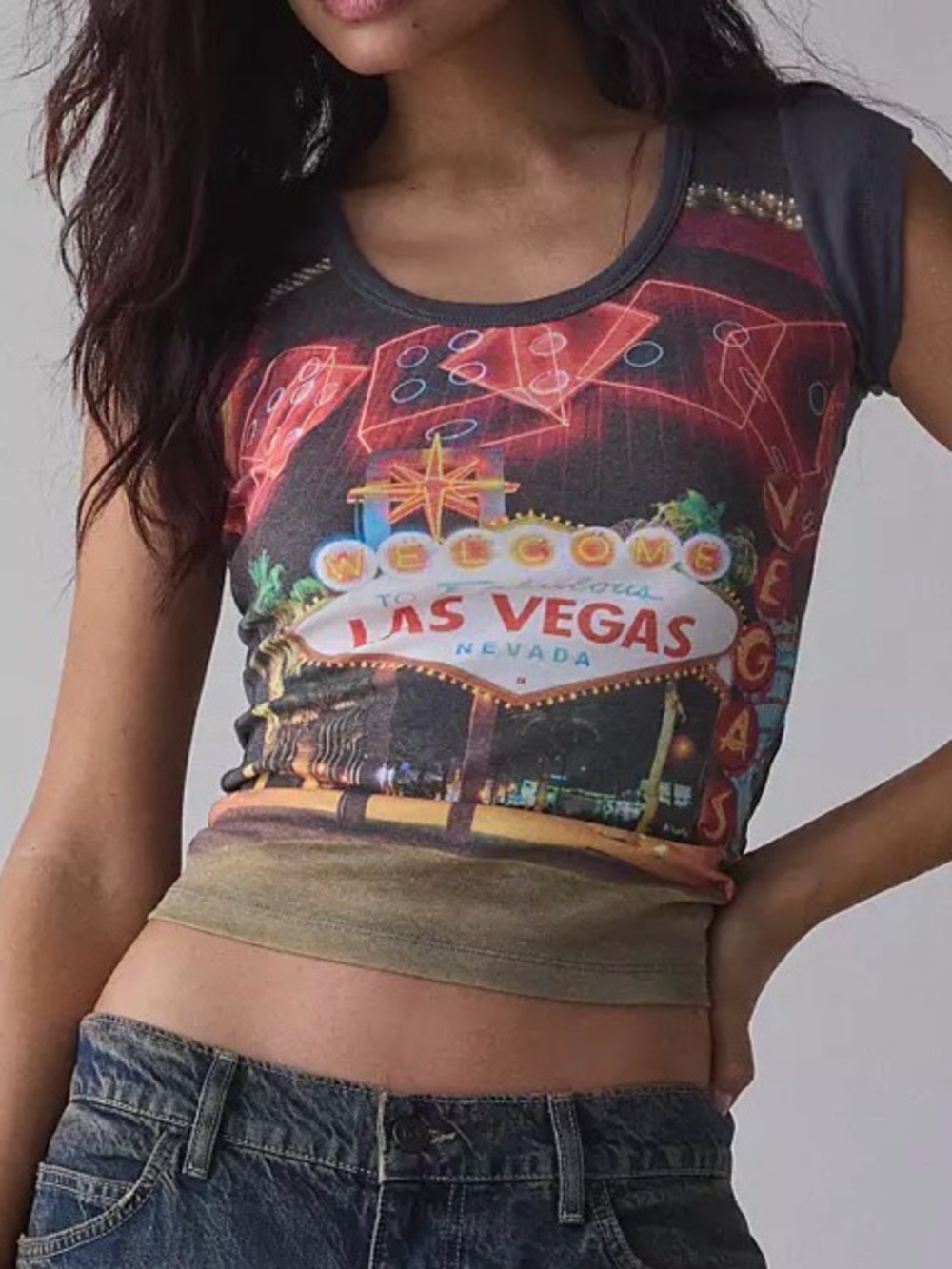 Urban Outfitters Las Vegas Photoreal Graphic Scoop Neck Baby Tee L